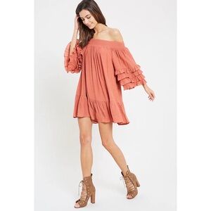 Off-Shoulder Ruffle Sleeve Dress in a dusty rose color